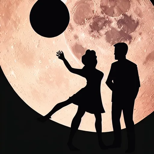 Image similar to the background is a huge moon. in the night environment, a man jumps into the air with a woman in his arms. in the middle of the moon are very little two figures in black silhouettes.