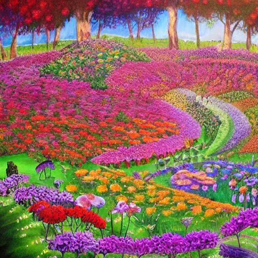 Image similar to An epic painting of an infinite flower garden