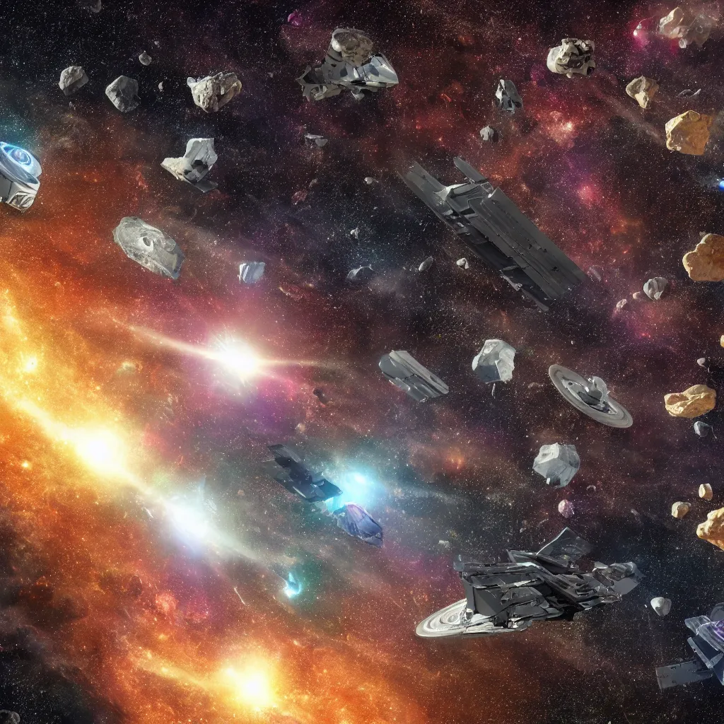 Image similar to galactic space fleet flying safely into an asteroid belt, 8 k resolution