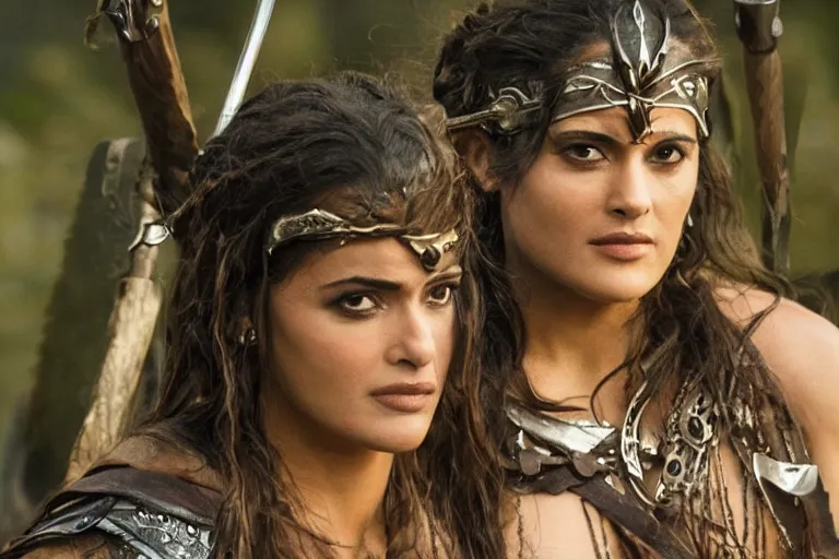 Image similar to photo of salma hayek as beautiful barbarian warrior princess in a battle scene, detailed eyes, depth of field, photorealistic, cinematic lighting, lovely bokeh, warm colours, dusk, lord of the rings
