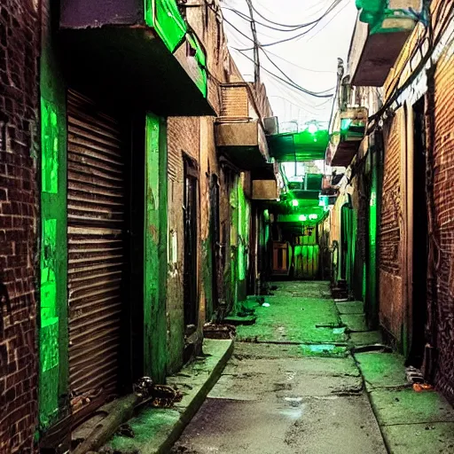 Prompt: an alleyway in a slum with green lighting in the style of arcane