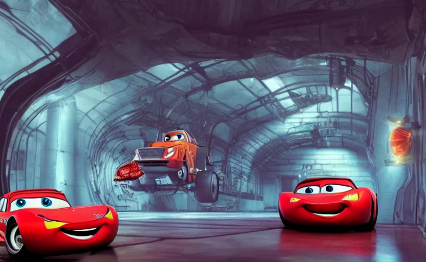 Image similar to lightning mcqueen and mater from cars in an endless spiral mirror hallway, romance novel cover, in 1 9 9 5, y 2 k cybercore, industrial photography, still from a ridley scott movie