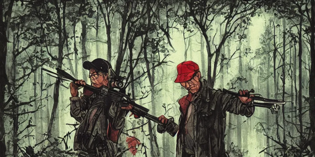 Prompt: a man with a baseball hat and a rifle in a lush dark deep forest, stephen king 1 9 8 0 s, japanese illustrator, post apocalyptic thriller