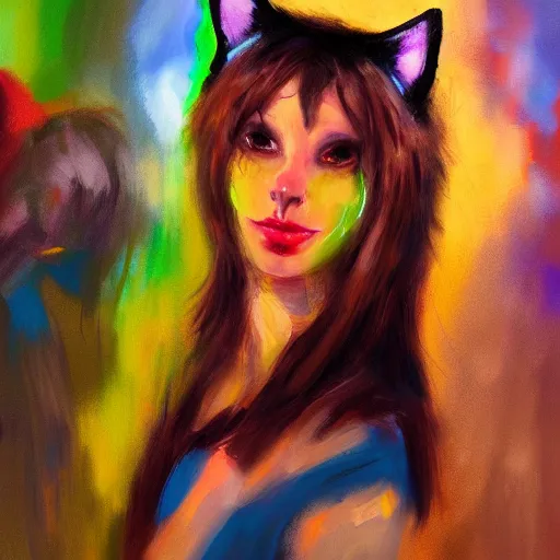 Prompt: woman with cat ears at a rave, expressive oil painting, dance, digital art, beautiful lighting, vivid, trending on artstation