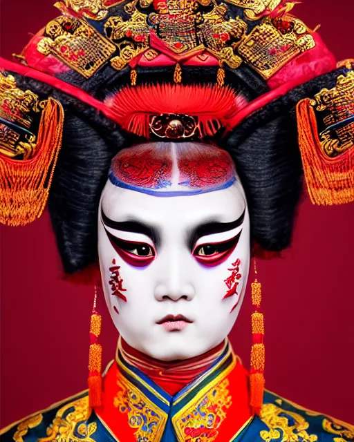 Prompt: photo of a Dramatic Peking Opera male character wearing elaborate makeup and full chinede opera costume in the style of stefan kostic, realistic, sharp focus, symmetric, 8k high definition, insanely detailed, intricate, elegant, art by stanley lau and artgerm, William-Adolphe Bouguereau