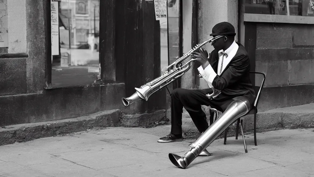 Prompt: a black and white photo of a man playing saxophone on the street.