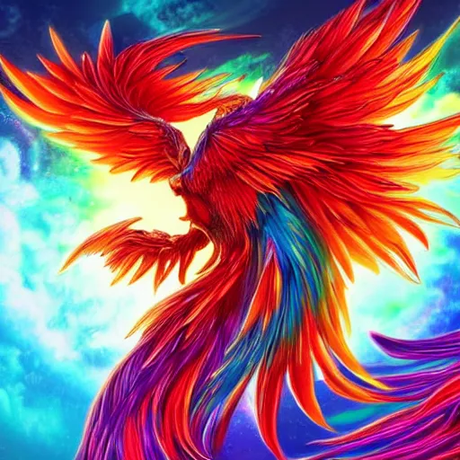 Image similar to artwork of a phoenix, highly detailed, artstation, rainbow colors, night sky background, smooth illustration, digital art, unreal engine