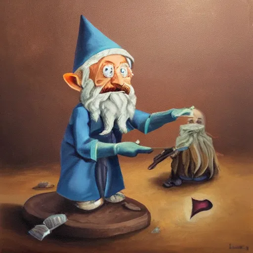 Image similar to an old professor experimenting with deadly gnomes, higly detailed, oil painting, mystic