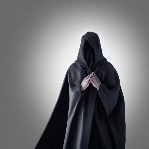 Image similar to a figure shrouded in a cloak, one hand comes out holding a handgun, 4 k, photorealistic