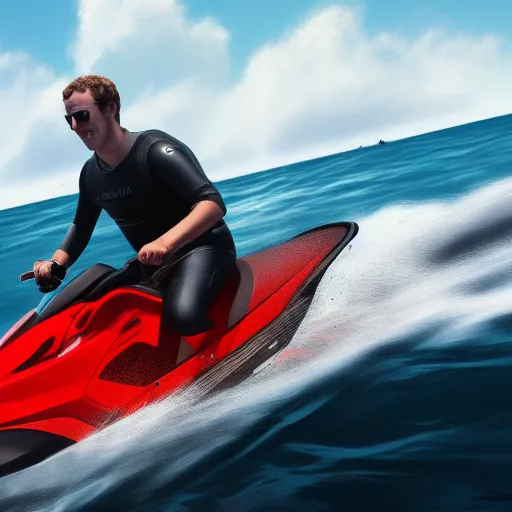 Image similar to Mark Zuckerberg riding a jetski out on the open ocean, water splashing behind him as he's speeding by, ripples in the water, hyperdetailed, artstation, cgsociety, 8k