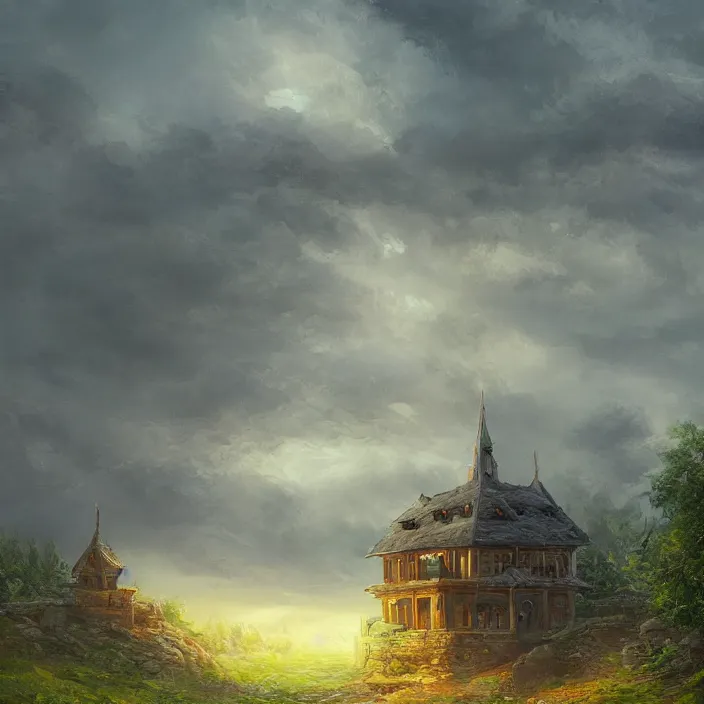 Image similar to a building in a serene landscape, fantasy art