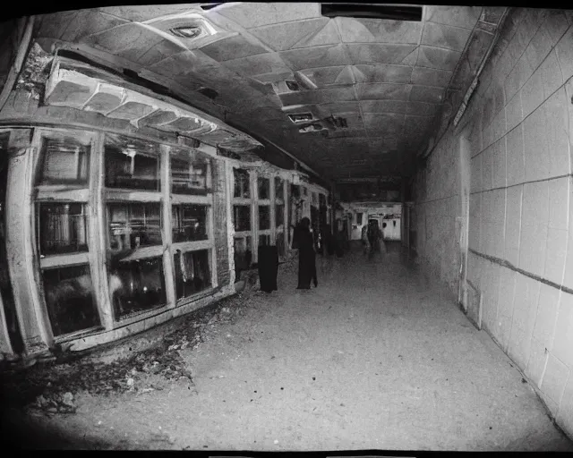 Image similar to camera footage of a Several Aggressive Feral Black Wolves with severe late stage rabies Chasing a young woman in an abandoned shopping mall, high exposure, dark, monochrome, camera, grainy, CCTV, security camera footage, timestamp, zoomed in, Creepy, Feral, fish-eye lens, Rabid, Dire Wolf, Nightmare Fuel, Wolf, Evil, Bite, Motion Blur, horrifying, lunging at camera :4