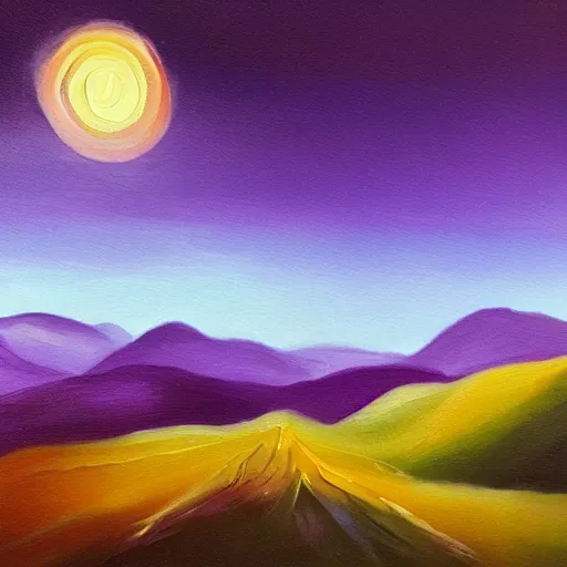 Prompt: purple mountains under night sky, oil painting by Frindly McSporge