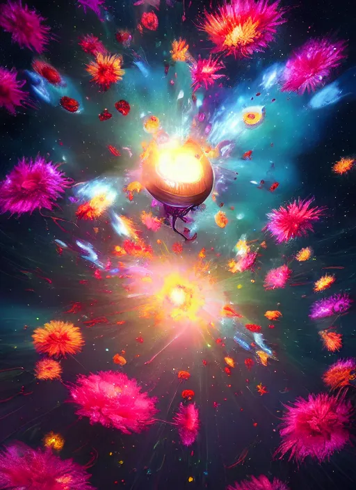 Image similar to An epic fantastic realism comic book style painting of the most beautiful spinning flowers floating into the dark and starry cosmos, exquisite bouquets, fisheye, a star implodes, unreal 5, DAZ, hyperrealistic, octane render, dynamic lighting