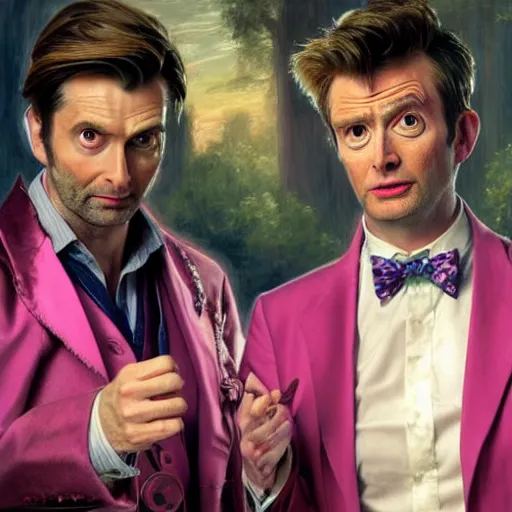 Image similar to david tennant and donald trump in pink clothes with the tenth doctor who, highly detailed, artstation, concept art, fantasy, smooth, sharp focus, illustration, perfect face, art by nikolay makovsky, jacek malczewski, arthur hughes, edward okun, franz xaver winterhalter