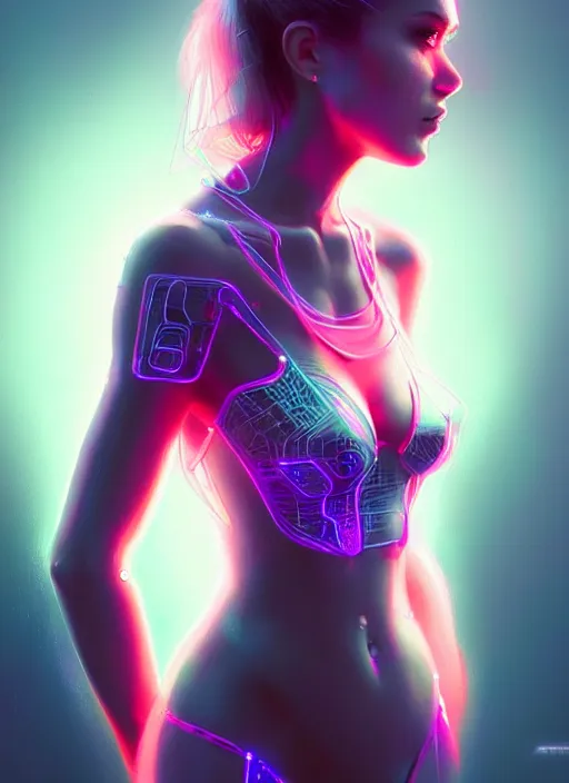 Image similar to portrait of female humanoid in transparent fashion wear, intricate, elegant, cyber neon lights, highly detailed, digital photography, artstation, glamor pose, concept art, smooth, sharp focus, art by artgerm and greg rutkowski