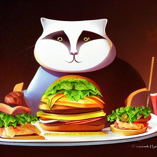 Prompt: fantasy fat cat eating a burger , high detail, digital art, beautiful , concept art,fantasy art, 4k