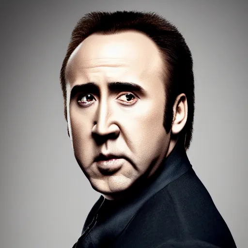 Image similar to professional portrait of nicolas cage neutral expression face straight on headshot even lighting