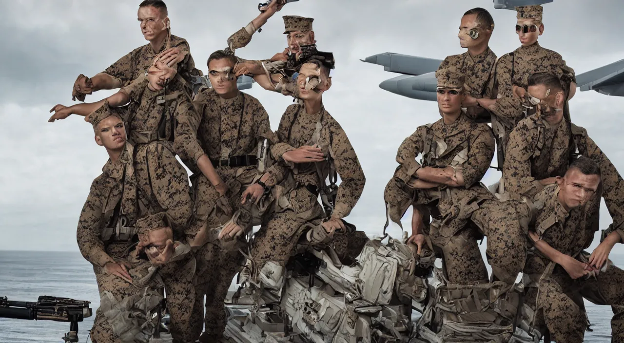 Prompt: us marines portrait, on aircraft carrier, highly detailed, fashion editorial, by jimmy nelson