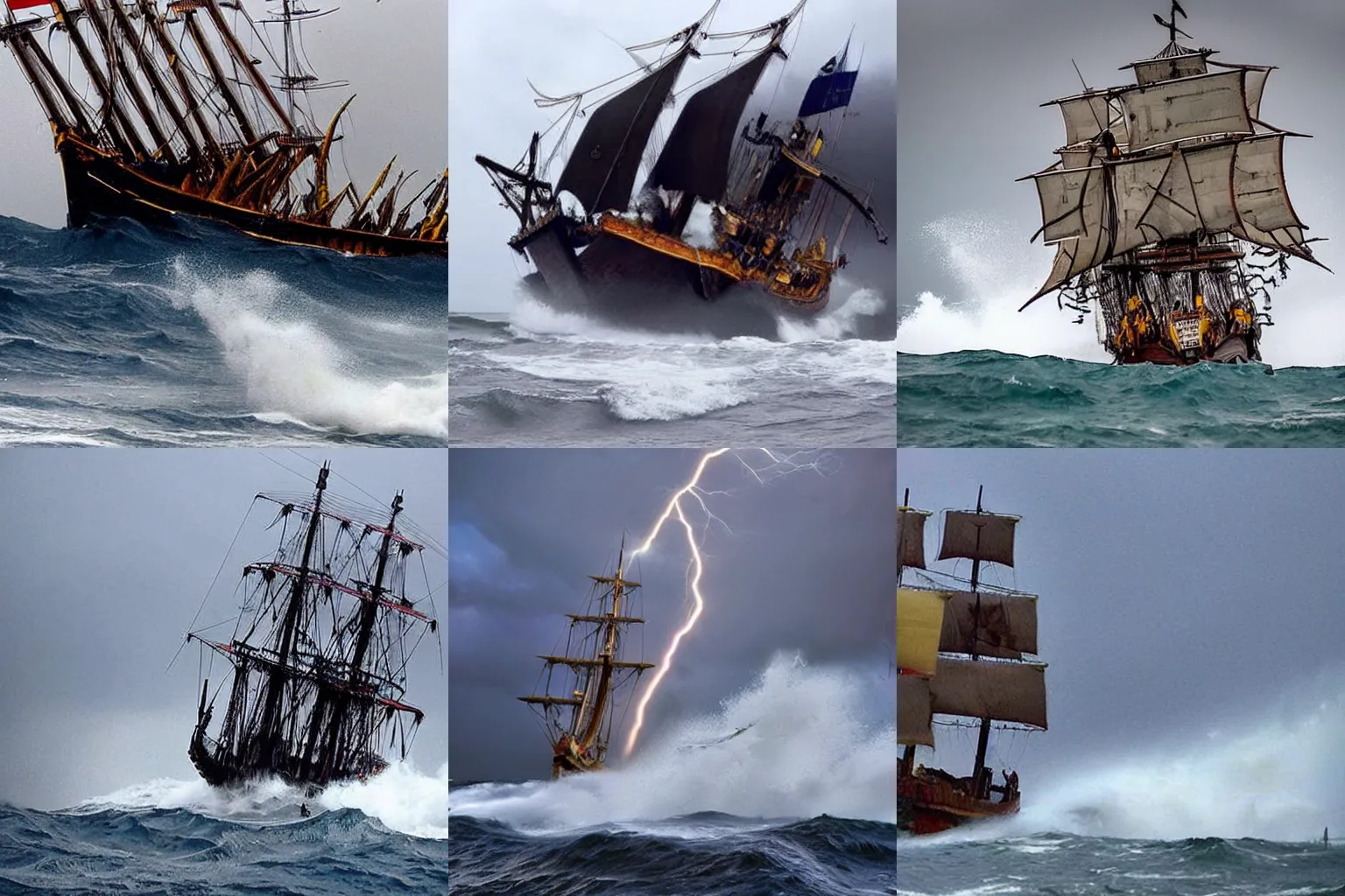 Prompt: pirate ship struck by lightning while sailing away from a tidal wave in a torrential storm