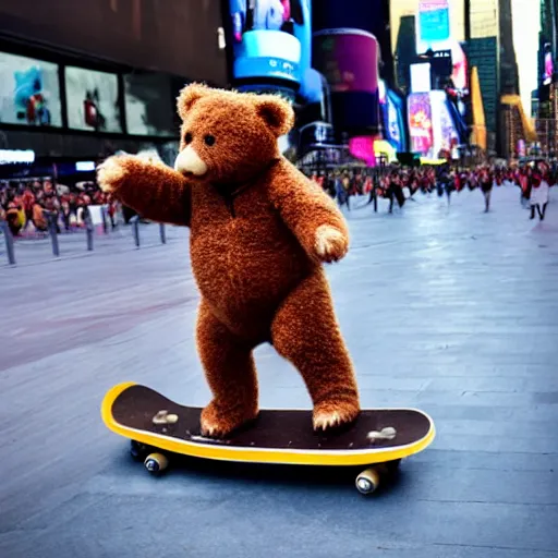 Image similar to a teddy bear skating on a skateboard in times square