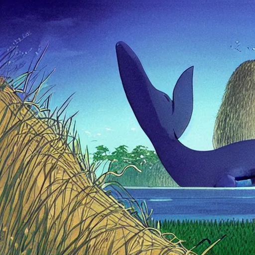 Prompt: a giant whale in a rice farm by Studio ghibli, concept art, golden ratio