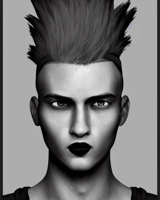 Prompt: young man with a short red mohawk, slim face, piercings, dressed in crustpunk clothing, headshot, attractive, handsome, model, trending on artstation, high quality art, character design, realism art, award winning art, clean face, by aaron griffin, in color, no makeup, no tattoos, no facial hair