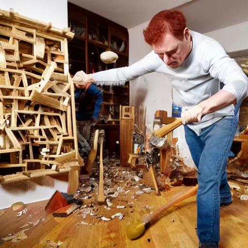 Prompt: man with short red hair smashing heaps of cuckoo clocks with a sledgehammer