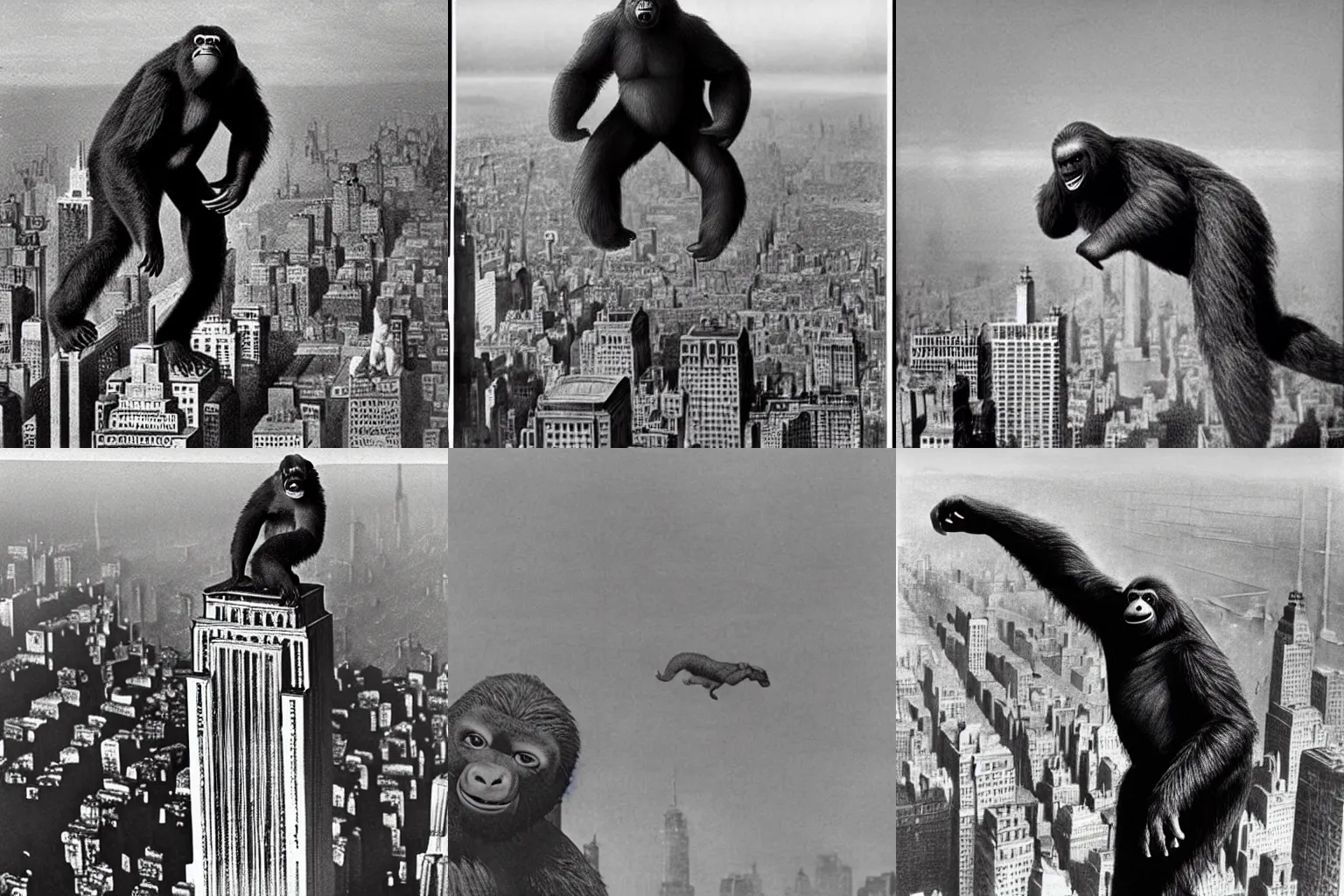 Prompt: King Kong as a giant Sloth, climbing Empire State building, in realistic, highly detailed photo from circa 1930