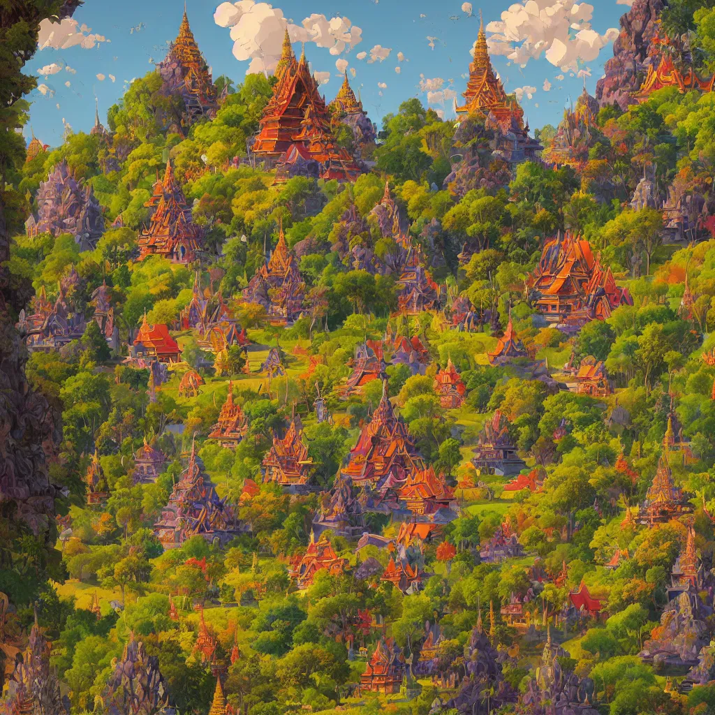 Image similar to summer morning, thai temple, rolling mountain, very coherent and colorful high contrast, art by gediminas pranckevicius, geof darrow, franz sedlacek, dark shadows, hard lighting