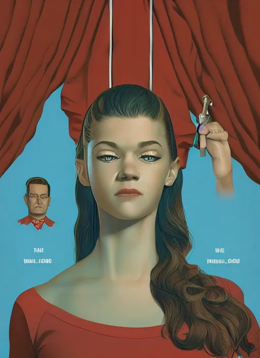 Image similar to Twin Peaks poster artwork by Michael Whelan, Bob Larkin and Tomer Hanuka, Karol Bak of portrait of Zendaya is a high school student working at the diner wearing light blue waitress dress, from scene from Twin Peaks, simple illustration, domestic, nostalgic, from scene from Twin Peaks, clean