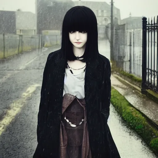 Image similar to 1 7 - year - old anime goth girl, black hair, long bob cut, long bangs, gothic coat, long bangs, united kingdom, rainy day, small town, midlands, english village, street scene, ultra - realistic, sharp details, cold lighting, blue and gray colors, intricate details, subsurface scattering, hd anime, 2 0 1 9 anime