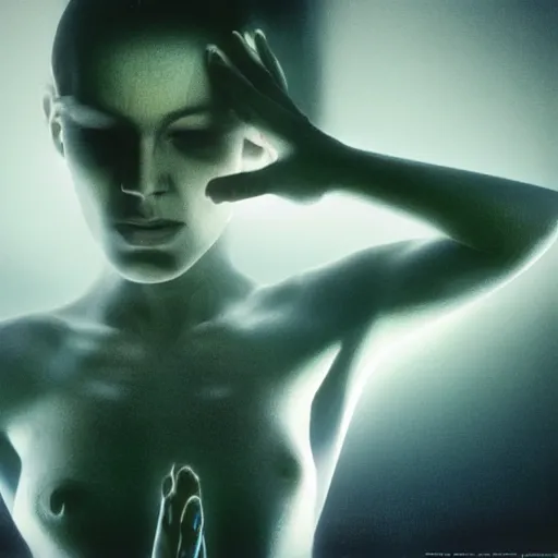 Image similar to extremely beautiful futuristic super schizophrenic psychotic prismatic superhuman, lush detail, herb ritts, roger deakins, anne leibovitz, beeple, cinematic lighting, sharp focus, hyperrealism, greg rutkowski, psychosis, beautiful psychotic radiant madwoman, super schizophrenic superhuman, volumetric light