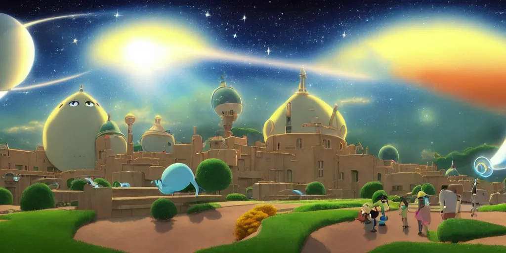 Image similar to background plate matte painting ghibli miyamoto pixar dreamworks rosalina's comet observatory.