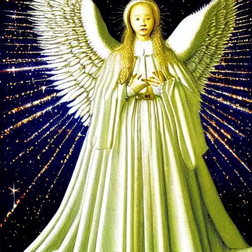 Image similar to highdetailed hyperrealistic painting of white angel!!! no gender!!!, giant ball of miracle light from the chest!!!!!, white sparkles everywhere, lot of fire and stars overhead!!!, by jan van eyck, holography space, glow effect, large strokes, soft and clean, white monochrome color