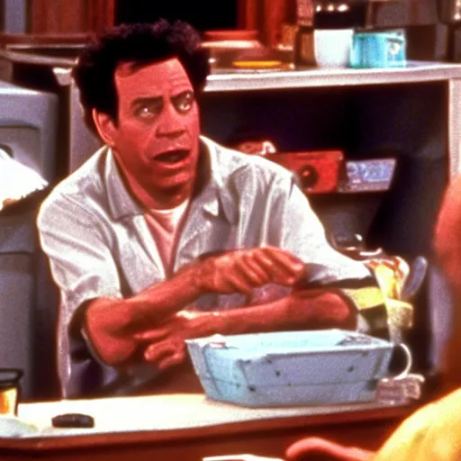 Image similar to mr krabs guest starring on seinfeld, film still