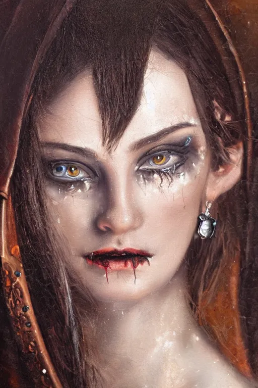 Image similar to hyperrealism oil painting, close - up portrait of european medieval brunette vampire fashion model, knight, steel gradient mixed with nebula sky, in style of baroque