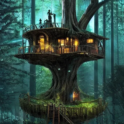 Image similar to a scifi tree house in a dark dystopia forest