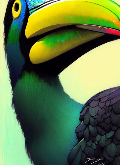 Prompt: close up portrait of anthropomorphized toucan, blue iridescent feathers by artgerm, cushart krenz, greg rutkowski, mucha. art nouveau. gloomhaven, swirly liquid ripples, green tones, vibrant colors, sharp edges. ultra clear detailed. 8 k. elegant, intricate, octane render