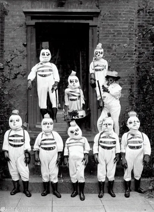 Image similar to photograph from 1903 of Halloween trick or treaters wearing Ghostbusters costumes, highly detailed, vintage film