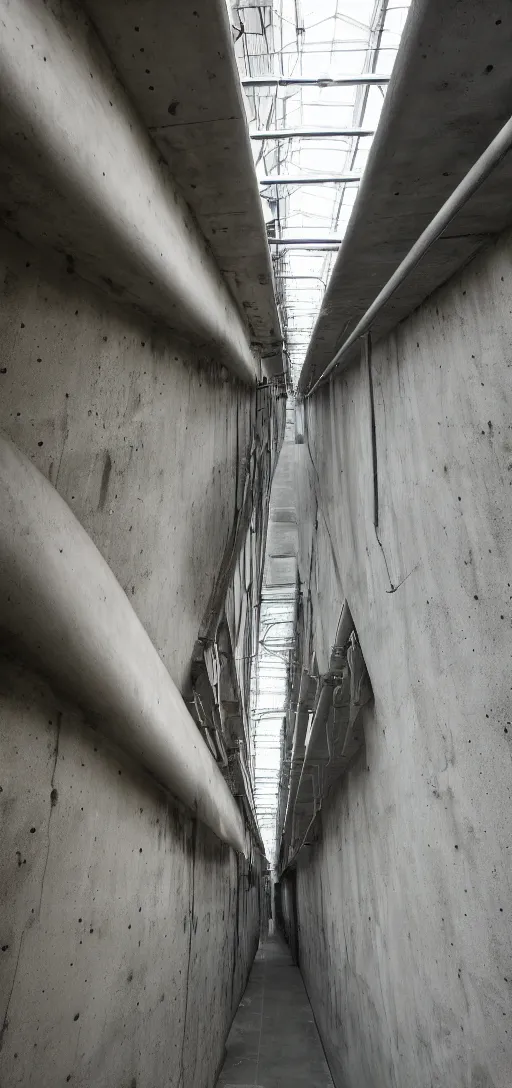 Prompt: endless concrete structure with steel pipes, dark, creepy,