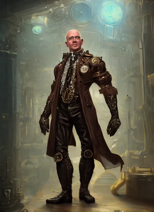 Prompt: steampunk jeff bezos is a muscular bodybuilder, au naturel, hyper detailed, digital art, trending in artstation, cinematic lighting, studio quality, smooth render, unreal engine 5 rendered, octane rendered, art style by klimt and nixeu and ian sprigger and wlop and krenz cushart.