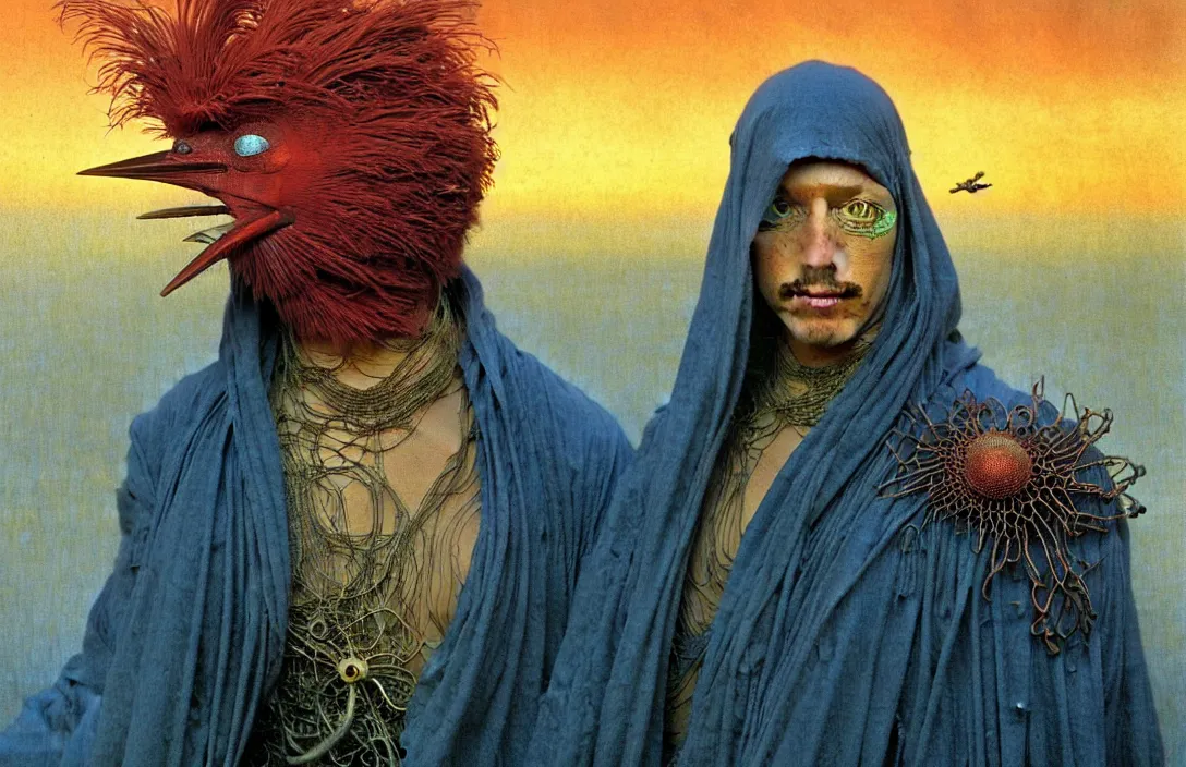 Image similar to realistic detailed portrait movie shot of a birdman wearing dark ragged robes, sci fi city sunset landscape background by denis villeneuve, amano, yves tanguy, alphonse mucha, ernst haeckel, max ernst, roger dean, masterpiece, rich moody colours, blue eyes