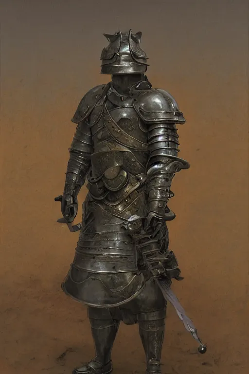 Image similar to a detailed matte portrait of an anthropomorphic shiba inu in steel plate armor, shiba inu face, very large longsword leaning against the side of a tavern, city streets, masterpiece, 8 k, art by donato giancola and greg rutkowski and wayne barlow and zdzisław beksinski