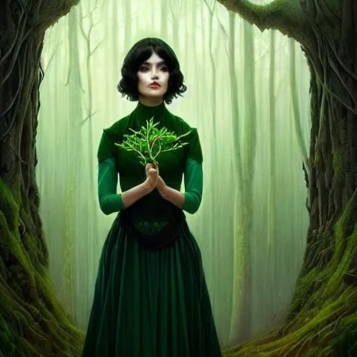 Prompt: gorgeous female Jade Tailor, realistic character concept, black hair, symmetrical face symmetrical eyes, green dress, forest, trees, medium shot, shorter neck, illustration, cinematic lighting, artgerm, Tom Bagshaw, Norman Rockwell, insanely detailed and intricate, beautiful