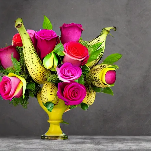 Prompt: hybrid between roses and bananas in a beautiful vase