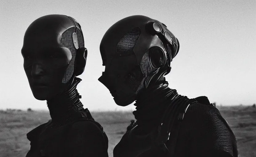Image similar to cinestill 5 0 d candid photographic portrait by helen levitt of two loving female androids wearing rugged black mesh techwear on a desolate plain, extreme closeup, modern cyberpunk moody emotional cinematic, dust storm, 8 k, hd, high resolution, 3 5 mm, f / 3 2, ultra realistic faces, ex machina