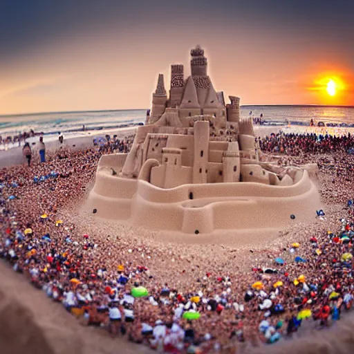 Image similar to gigantic human crowds inside sandcastle, coronation of the sand queen, sunset, tiltshift