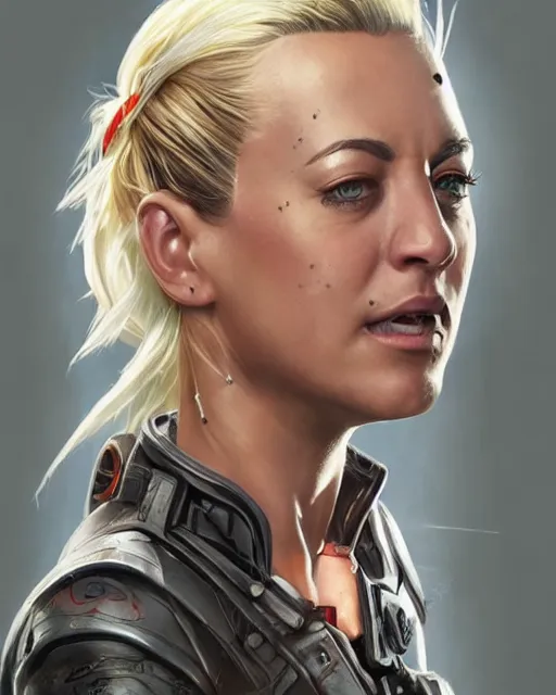Prompt: Kaley cuoco as an Apex Legends character digital illustration portrait design by, Mark Brooks and Brad Kunkle detailed, gorgeous lighting, wide angle action dynamic portrait
