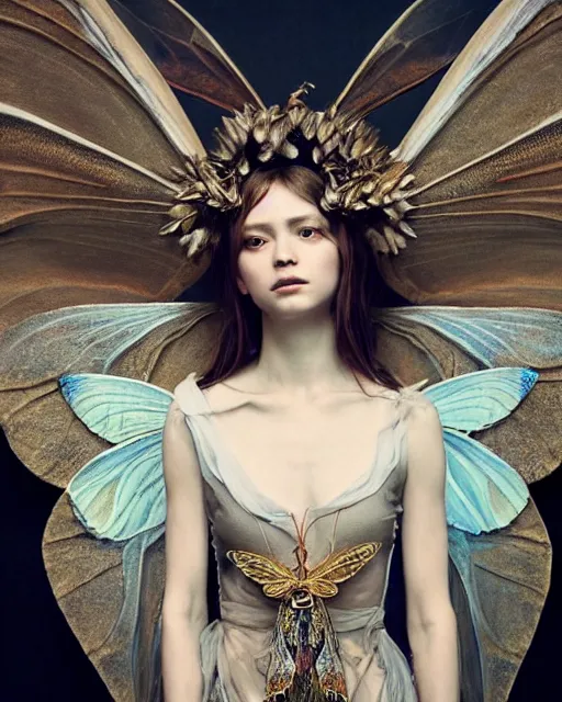 Image similar to Moth Fairy Maiden with large moth like wings wearing ornate dress by Ruan Jia and Andrei Riabovitchev, featured on Artstation, Hyperdetailed, stylized, realistic oil on linen, masterpiece, fantasy, dark academia